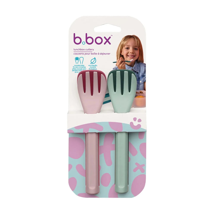 b.box Lunch Cutlery Fork + Spoon Duo 2-pack in Twilight, side-by-side view highlighting the purple and teal color combination.

