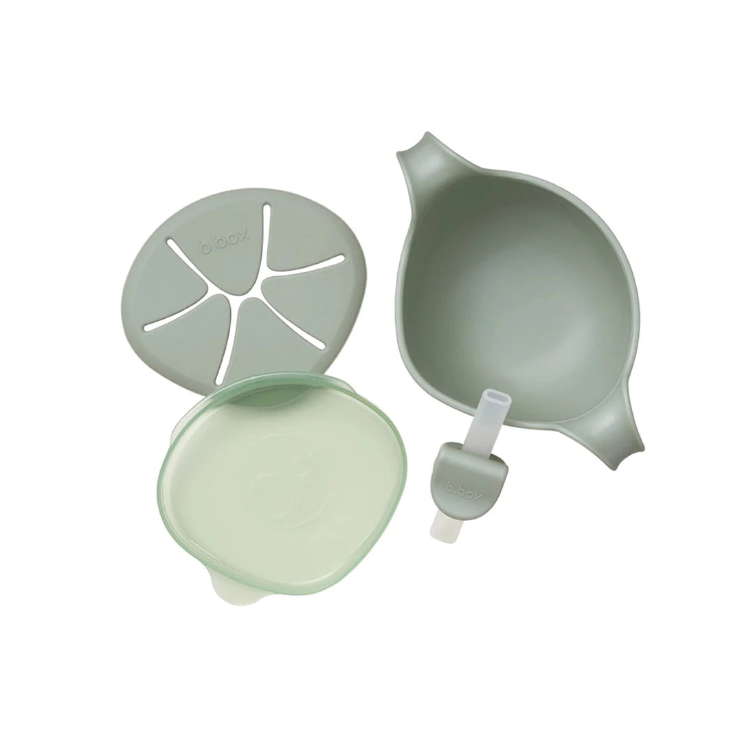 b.box Sip + Snack Bowl Plates, Bowls & Cutlery Sage -  including a ladle, strainer, and container on a white background