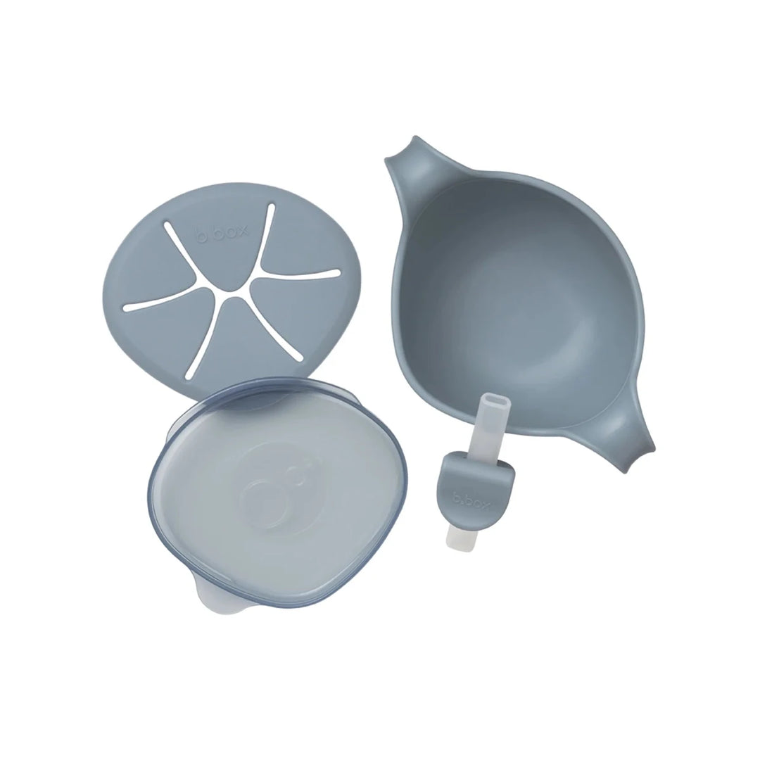 b.box Sip + Snack Bowl Plates, Bowls & Cutlery Ocean - Set of gray silicone kitchen tools on a white background