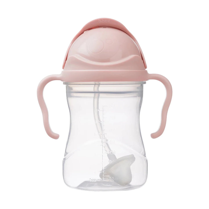 b.box Sippy Straw Cup 240ml feeding Blush - Pink sippy cup with clear body on a white background