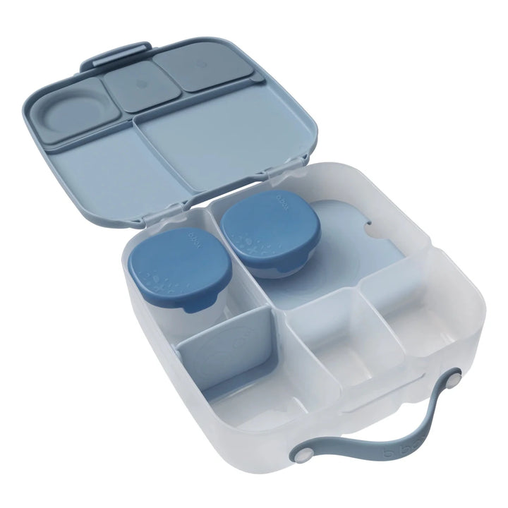 b.box Snack Tubs Ocean - Blue and white compartmentalized container with lids on a white background