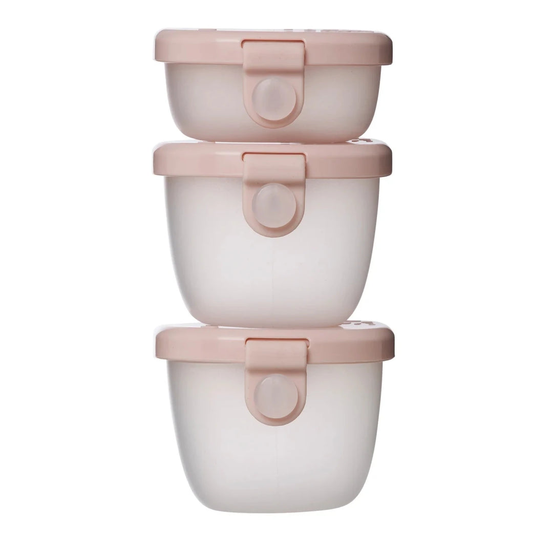 b.box Snack Tubs Berry -  Set of three stacked containers with pink lids on a white background