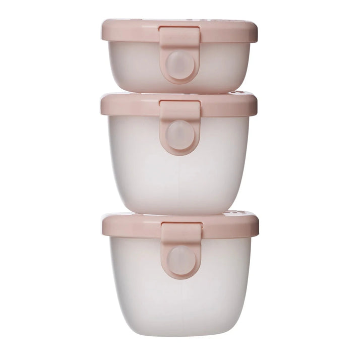 b.box Snack Tubs Berry -  Set of three stacked containers with pink lids on a white background