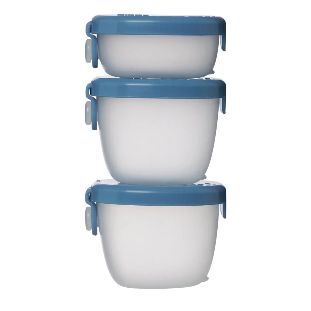 b.box Snack Tubs Ocean - Three stacked food containers with blue lids on a white background