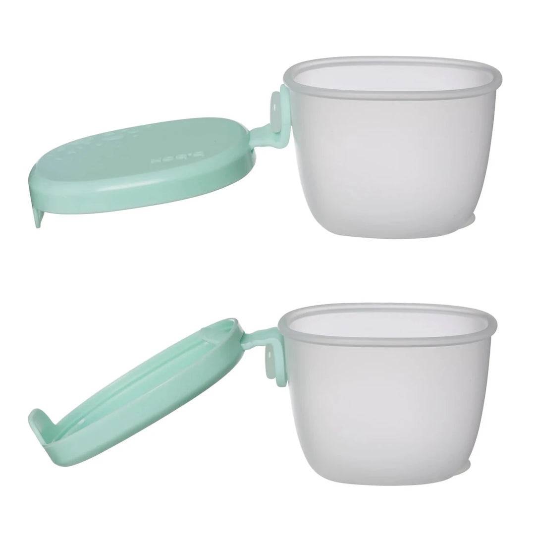 b.box Snack Tubs Forest -  Two white containers with green lids on a white background