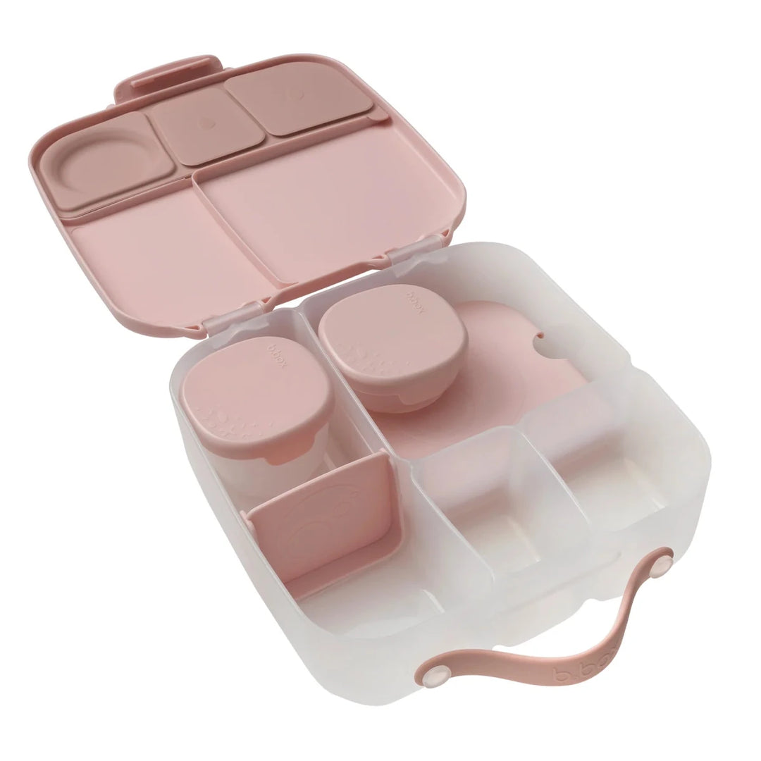 b.box Snack Tubs Berry - Pink and white compartmentalized container with a strap on a white background