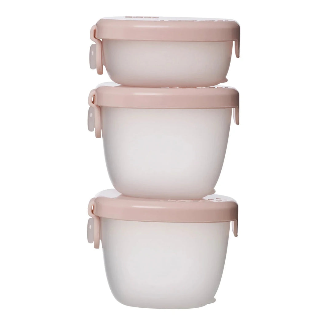 b.box Snack Tubs Berry -  Set of three stacked food containers with pink lids on a white background