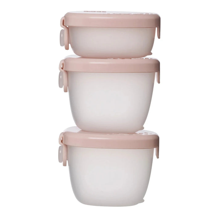 b.box Snack Tubs Berry -  Set of three stacked food containers with pink lids on a white background