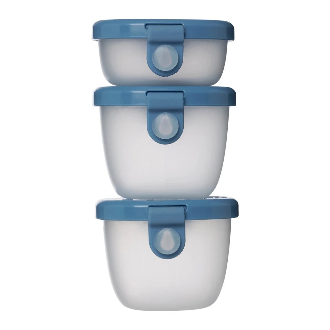 b.box Snack Tubs Ocean -  Set of three clear containers with blue lids on a white background