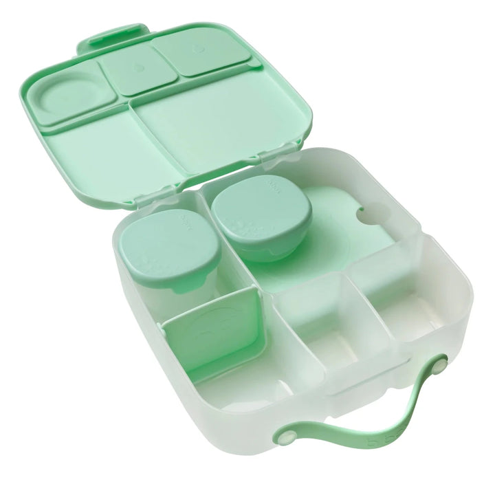 b.box Snack Tubs Forest - Green and white compartmentalized container with lid on a white background