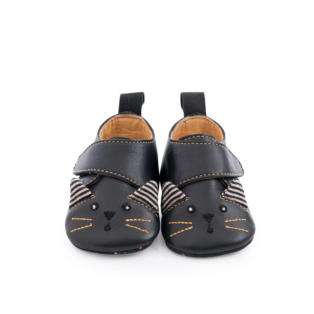 Moulin Roty Black Cat Leather Slippers 0 - 6m