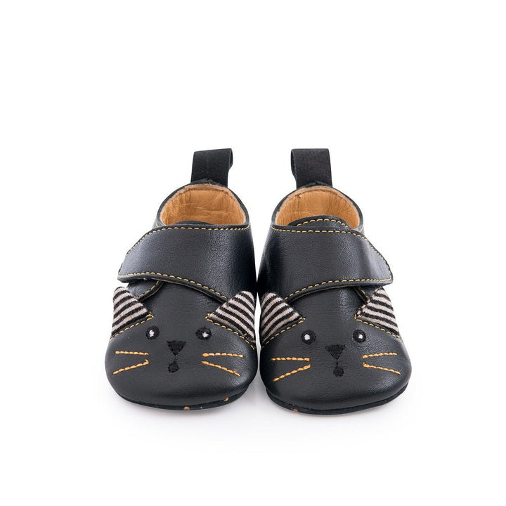 Moulin Roty Black Cat Leather Slippers 0 - 6m