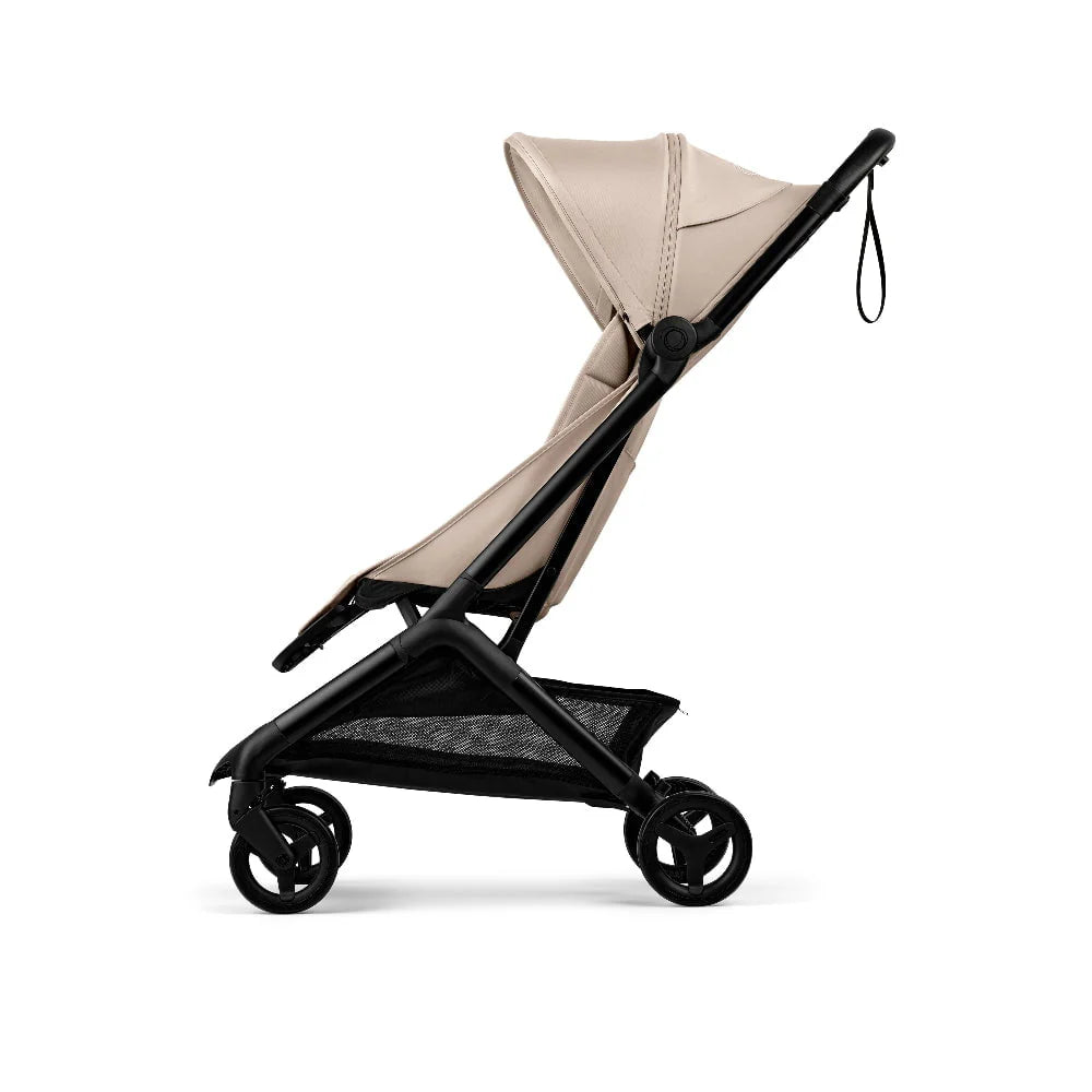 bugaboo-butterfly-2-complete-ultra-compact-travel-stroller Beige and black stroller on a white background