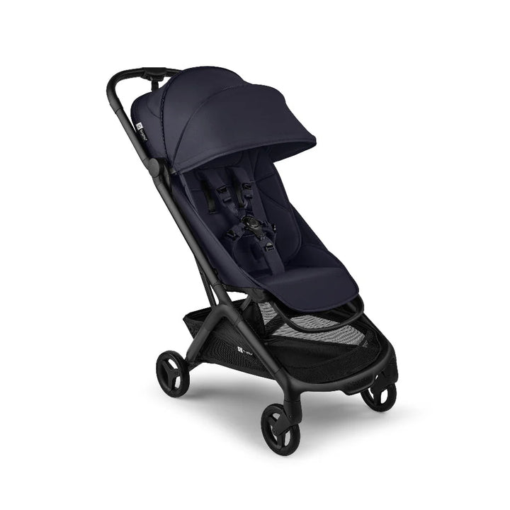 bugaboo-butterfly-2-complete-ultra-compact-travel-stroller Navy blue stroller with black frame on a white background