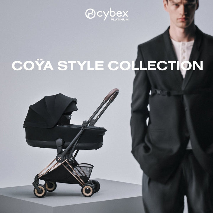 CYBEX COYA Style Collection stroller in Cozy Beige paired with modern fashion for luxury urban family travel
