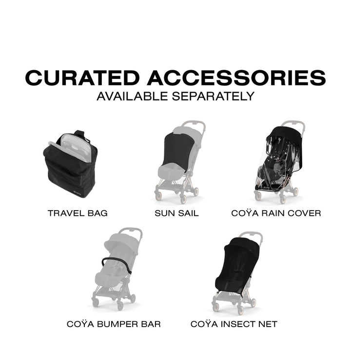 CYBEX COYA Style Collection stroller accessories including rain cover, travel bag, sun sail, insect net, and bumper bar