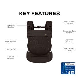 A black baby carrier shown on a white background with labeled key features and callout lines 