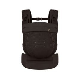 A black baby carrier with a breathable mesh front panel and padded shoulder straps, shown against a plain white background.