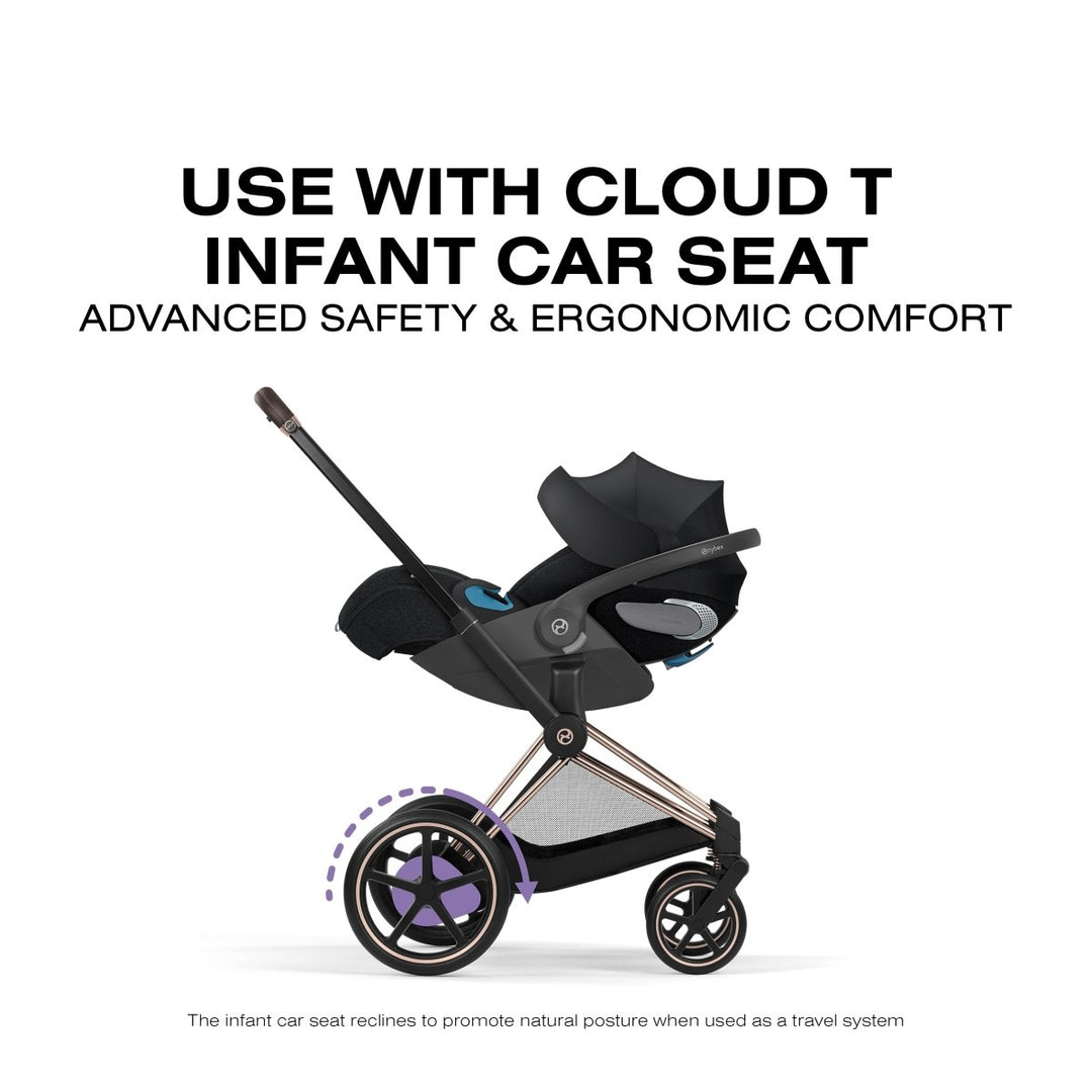 Cybex e - PRIAM Black infant car seat and stroller with text about advanced safety and ergonomic comfort.