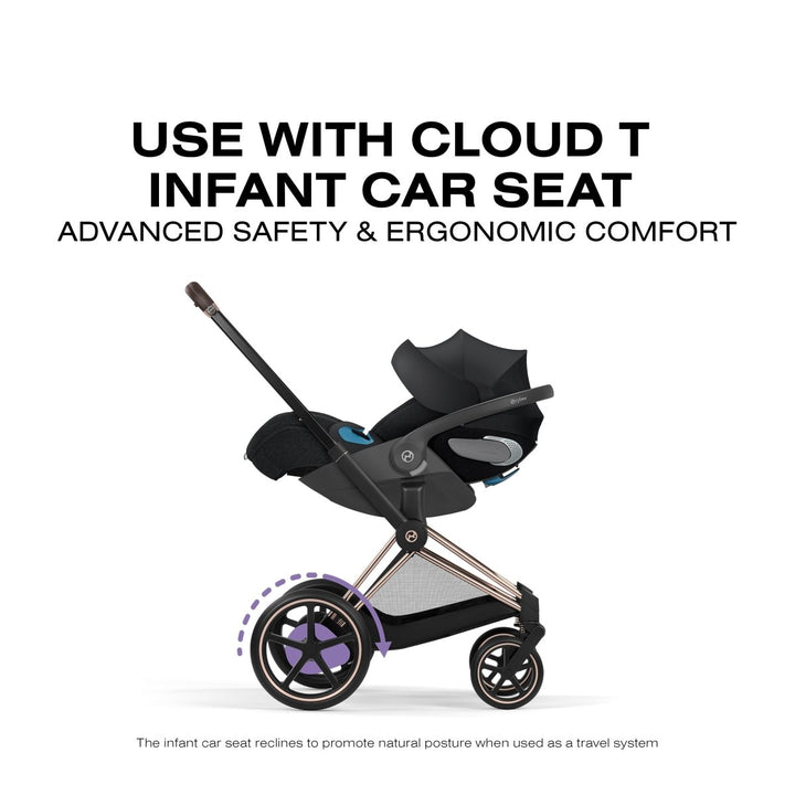 Cybex e - PRIAM Black infant car seat and stroller with text about advanced safety and ergonomic comfort.