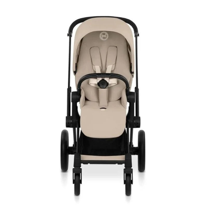 Cybex e - PRIAM Stroller - 2026 Baby Strollers Cozy Beige -  Beige baby stroller with black frame on a white background