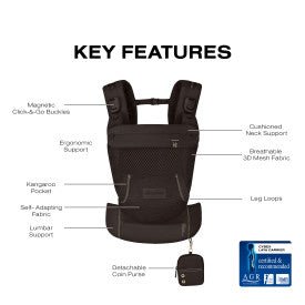 CYBEX LAYA Carrier Baby Carriers Almond Beige - Black baby carrier with labeled key features on a white background