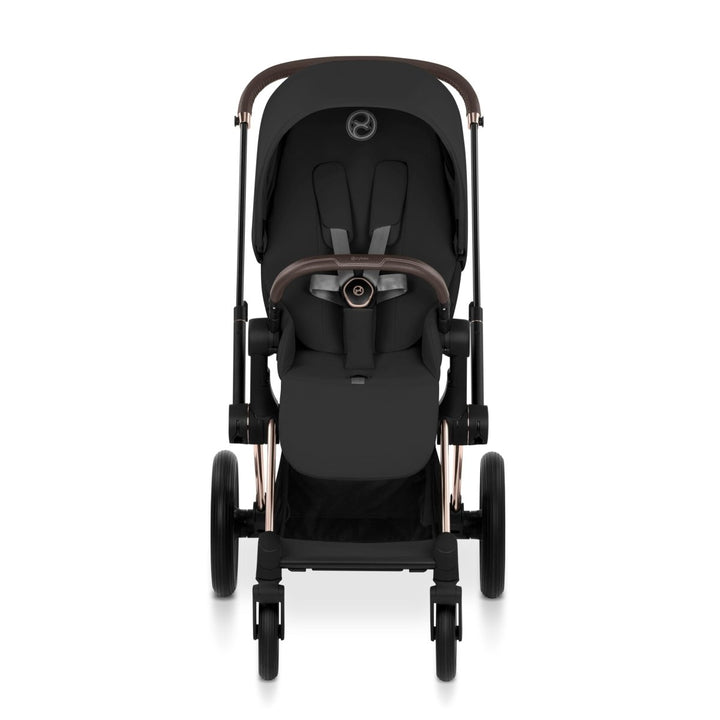 Cybex PRIAM Stroller - 2026 Baby Strollers Sepia Black -  Black stroller with rose gold accents on a white background