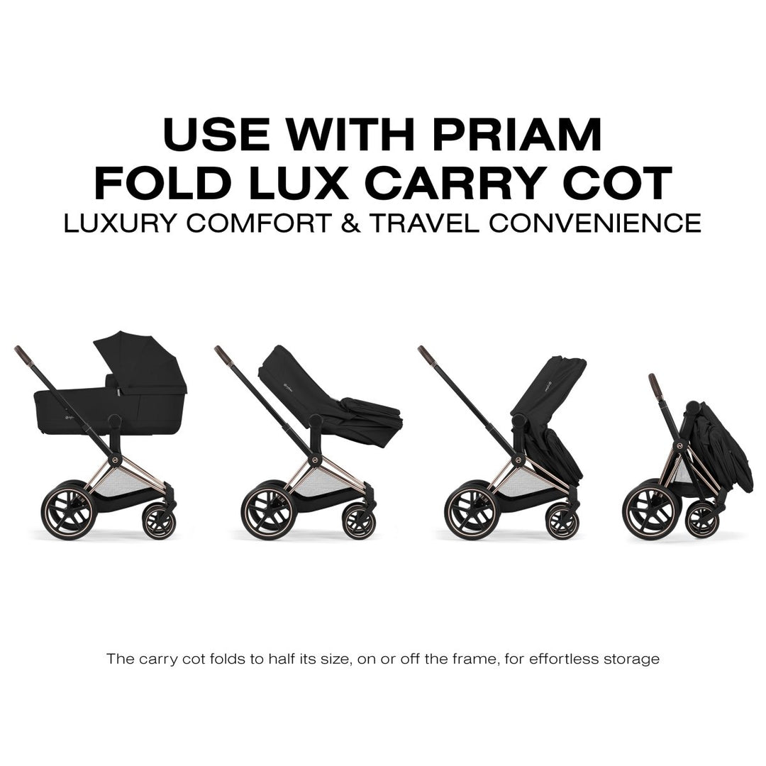 Cybex PRIAM - Black baby stroller with text about Priam Fold Lux Carry Cot on a white background
