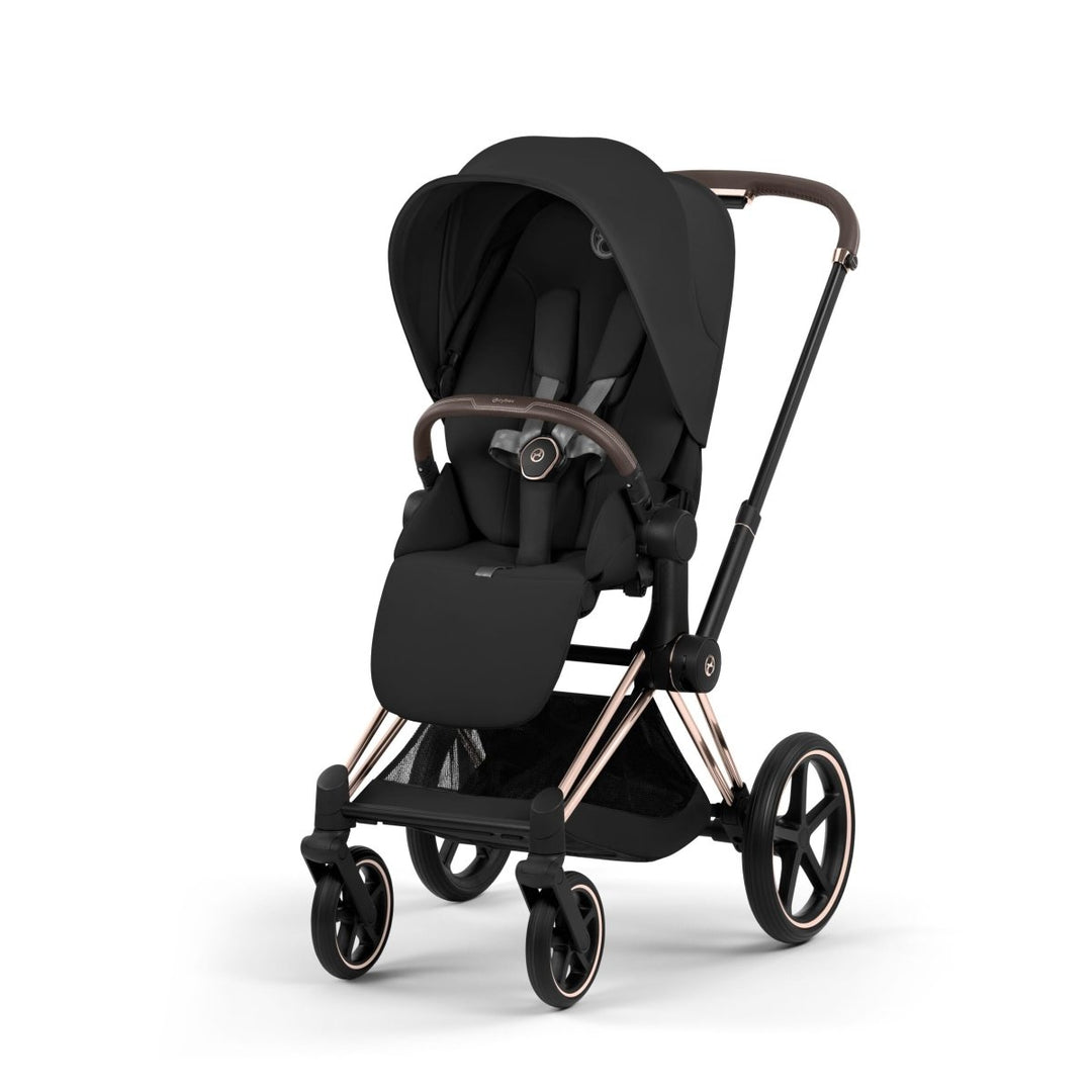 Cybex PRIAM Stroller - 2026 Baby Strollers Sepia Black -  Black stroller with rose gold accents on a white background