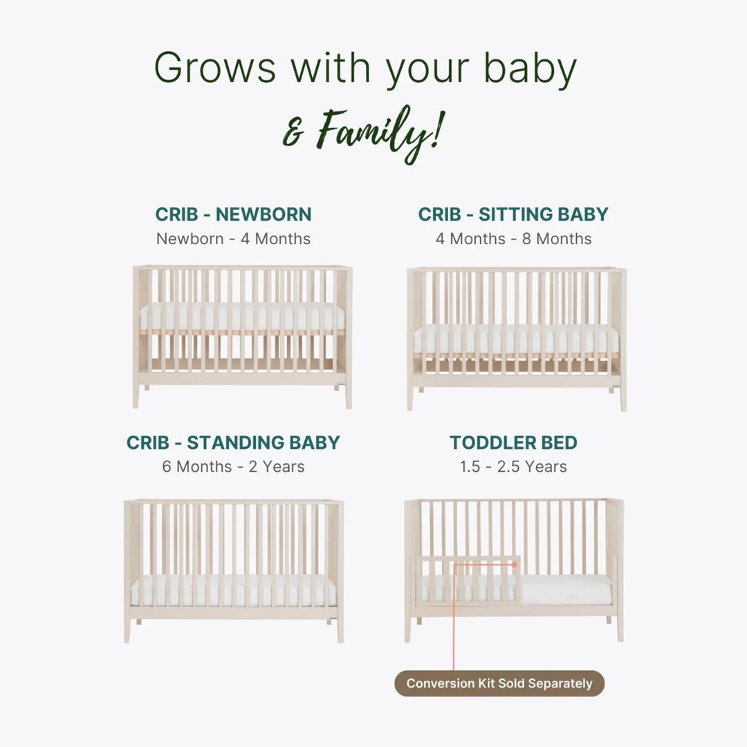 Dadada Furniture Lala 3 in 1 Convertible Crib Cribs & Toddler Beds Almond Milk -  Stages of a baby crib conversion to a toddler bed with text indicating growth stages.