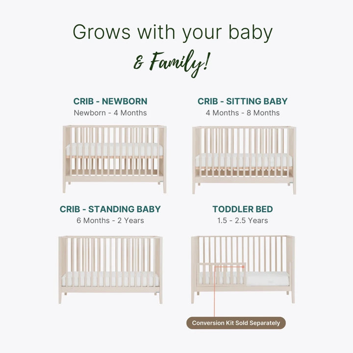 Dadada Furniture Lala 3 in 1 Convertible Crib Cribs & Toddler Beds Almond Milk -  Stages of a baby crib conversion to a toddler bed with text indicating growth stages.