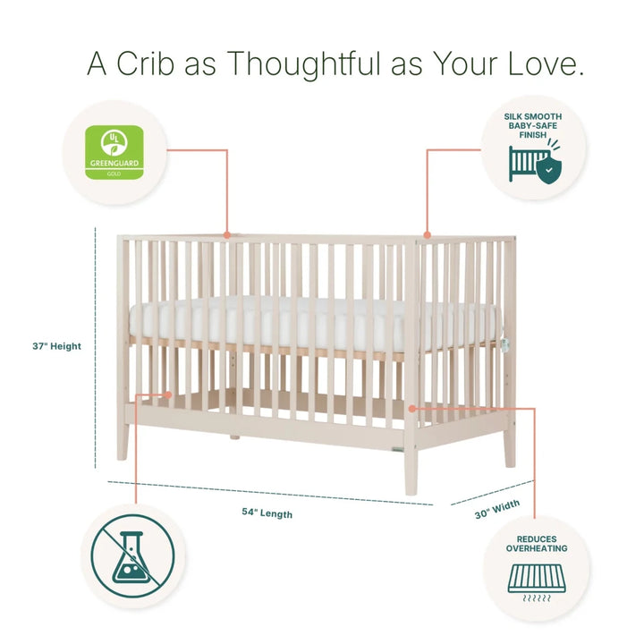 Dadada Furniture Lala 3 in 1 Convertible Crib Cribs & Toddler Beds Almond Milk -  Wooden crib with features highlighted on a white background