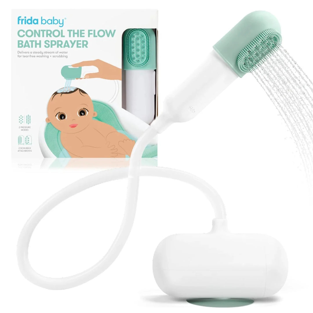Fridababy - Control the Flow Bath Sprayer - Baby bath sprayer with packaging featuring a child in a bathtub.