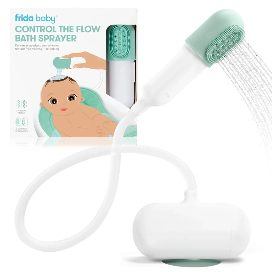Fridababy - Control the Flow Bath Sprayer - Baby bath sprayer with packaging featuring a child in a bathtub.