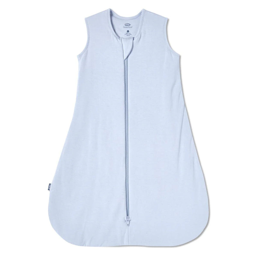HALO Sleepsack Wearable Blanket - Super Soft Bamboo (1.5 TOG) A light blue sleeveless baby sleep sack with a front zipper, shown flat against a white background.