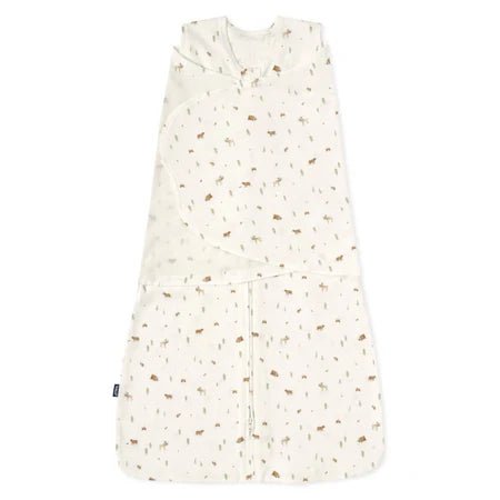 HALO Swaddle 100% Cotton TOG 1.5 SleepSack Swaddle Small with woodland animal print and front zipper on white