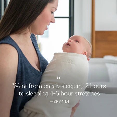 HALO Swaddle 100% Cotton TOG 1.5 Sleepsac Swaddle Small - Woman holding a baby with a quote about sleep duration.