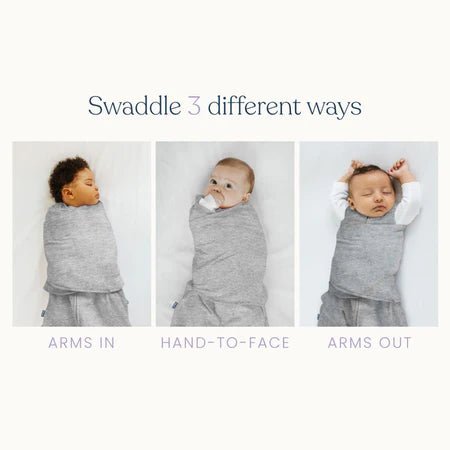 HALO Swaddle 100% Cotton TOG 1.5 SleepSack Swaddle Small showing three different swaddling methods