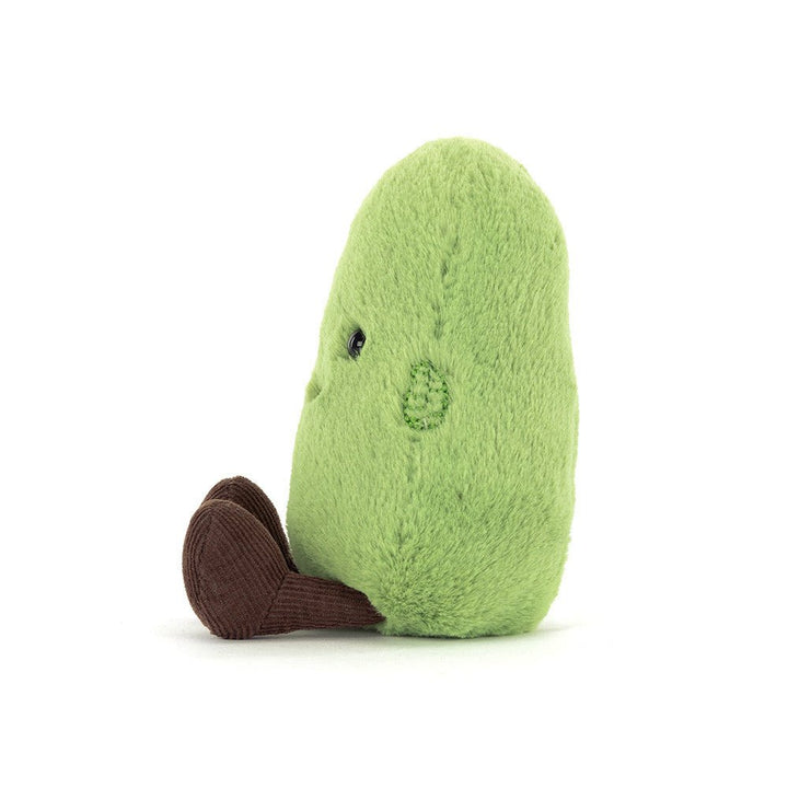 Jellycat Amuseables Soyella Edamame plush side view featuring textured green pod, embroidered beans, and soft fabric.