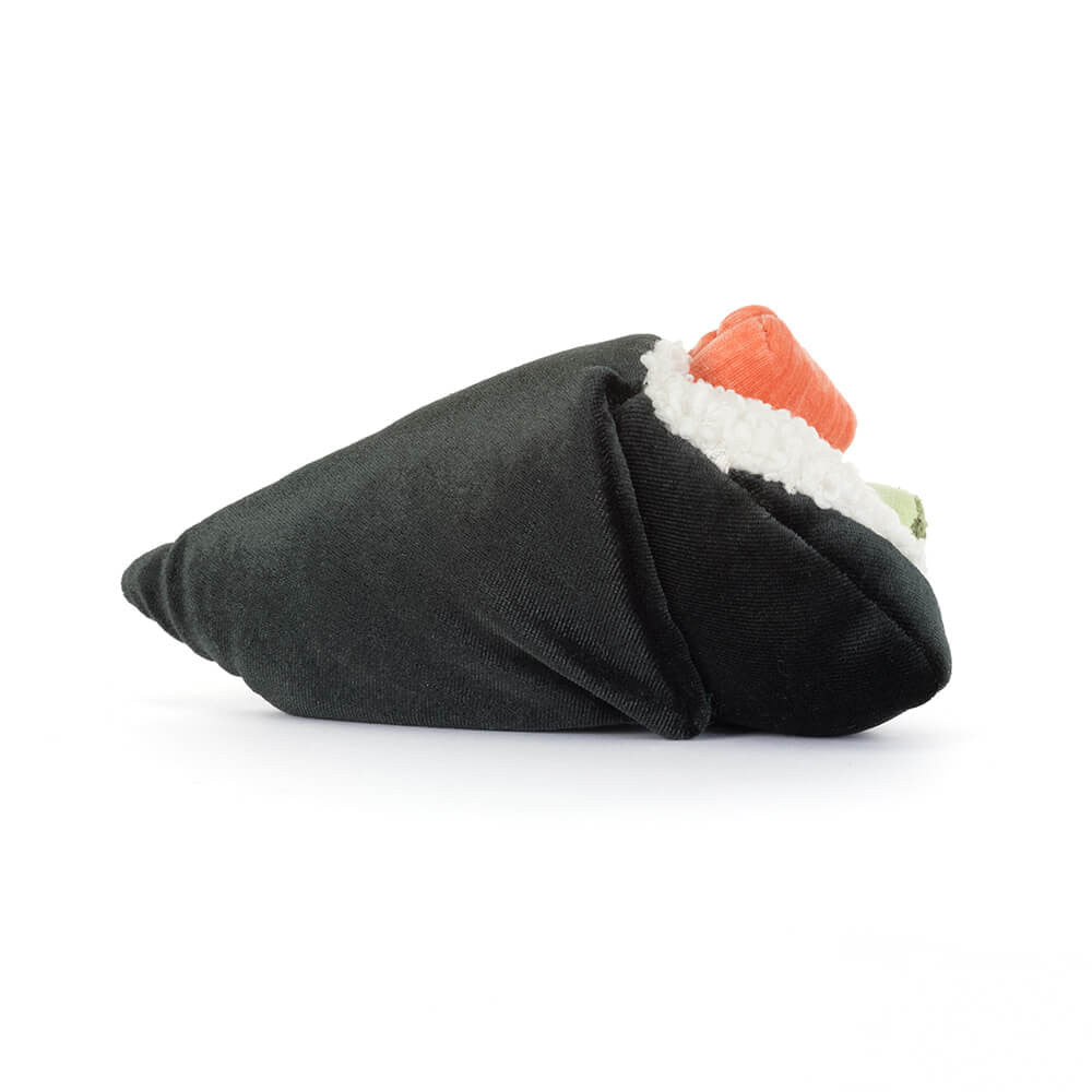 Jellycat Amuseables Coneroi Temaki sushi plush three-quarter view with smiling face and soft hand roll design.