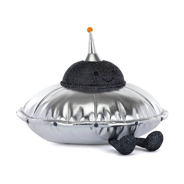 Jellycat Amuseables Jellysaucer plush toys & stuff animals - Black plush alien with a silver dome on a white background