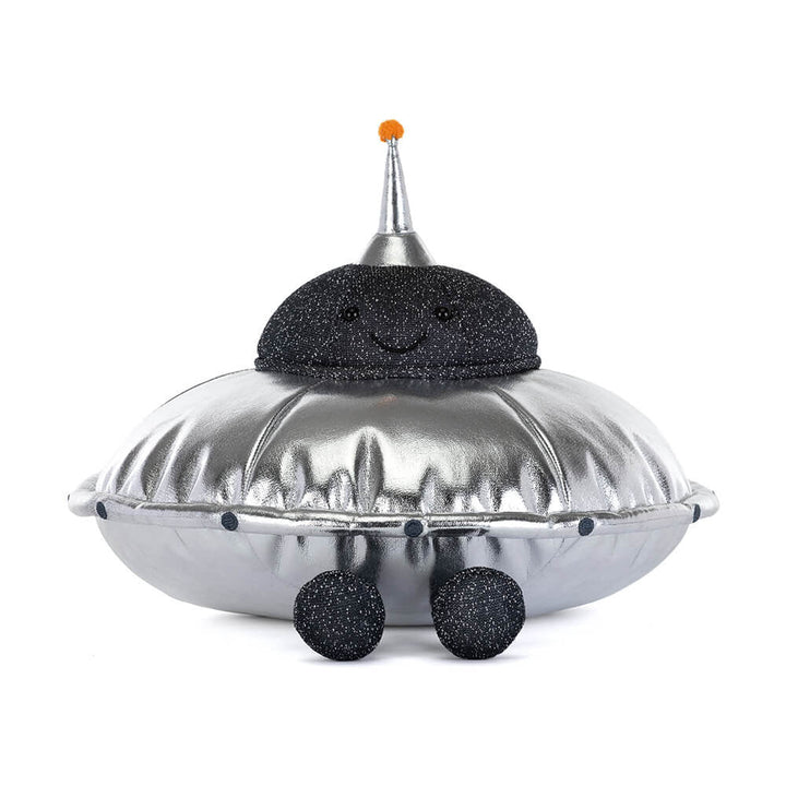 Jellycat Amuseables Jellysaucer plush toys  resembling a silver flying saucer with a black cushioned top on a white background