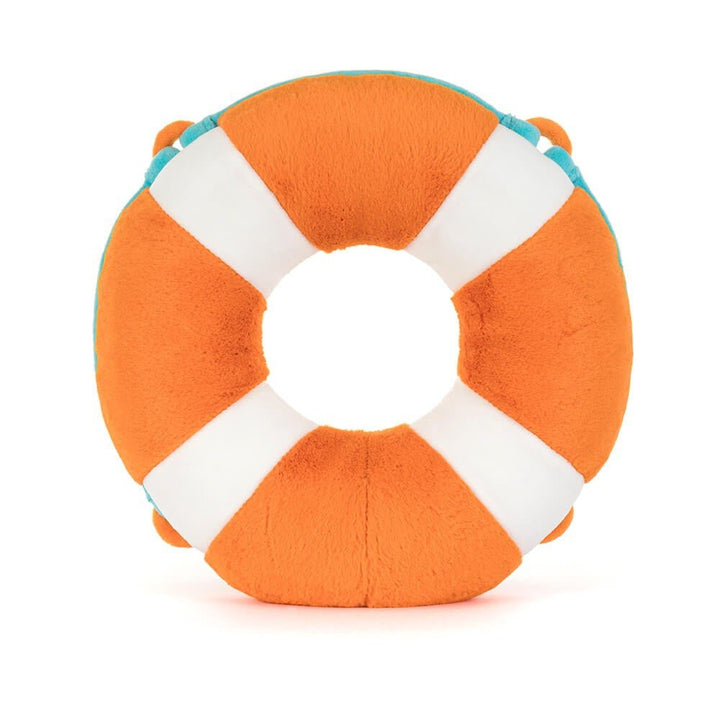 Jellycat Amuseables Life Ring plush top view featuring soft striped fabric, circular design, and embroidered smiling face.