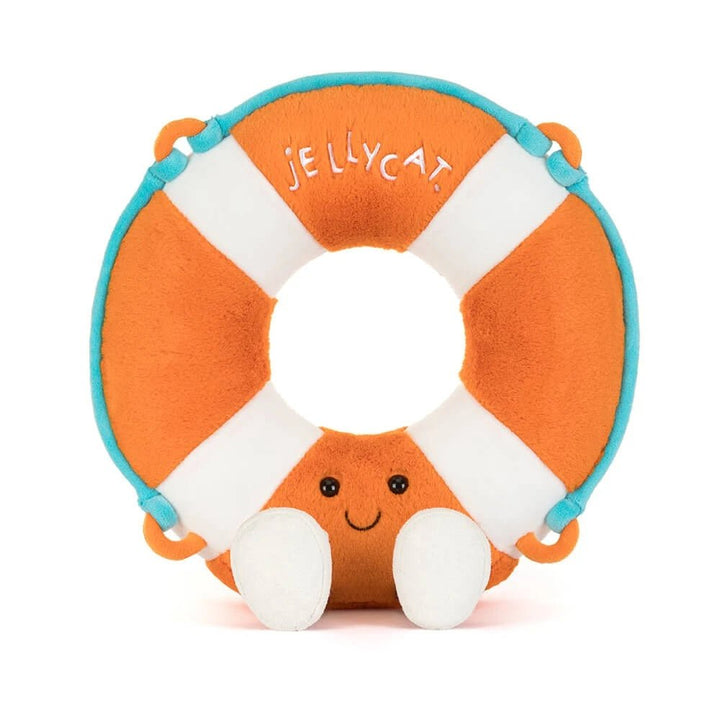 Jellycat Amuseables Life Ring plush front view featuring rounded ring shape, embroidered smile, and soft striped fabric.