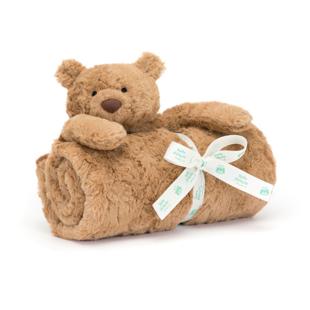 Jellycat Bartholomew Bear Blankie plush toys and stuff animal - Brown teddy bear wrapped in a blanket with a white ribbon 