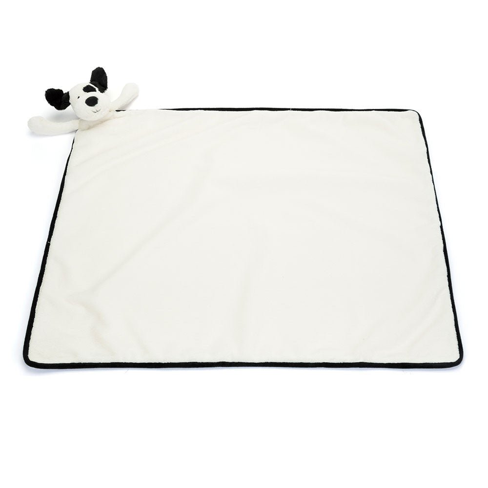 Jellycat Bashful Black & Cream Puppy Blankie plush toys and stuff animal - White blanket with black border