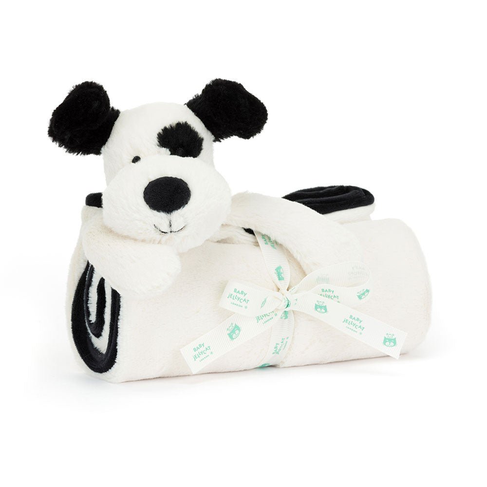 Jellycat Bashful Black & Cream Puppy Blankie plush toys and stuff animal - Plush dog toy with a white body and black paws 