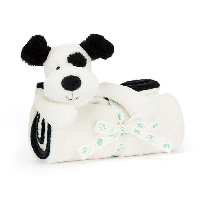 Jellycat Bashful Black & Cream Puppy Blankie plush toys and stuff animal - Plush dog toy with a white body and black paws 