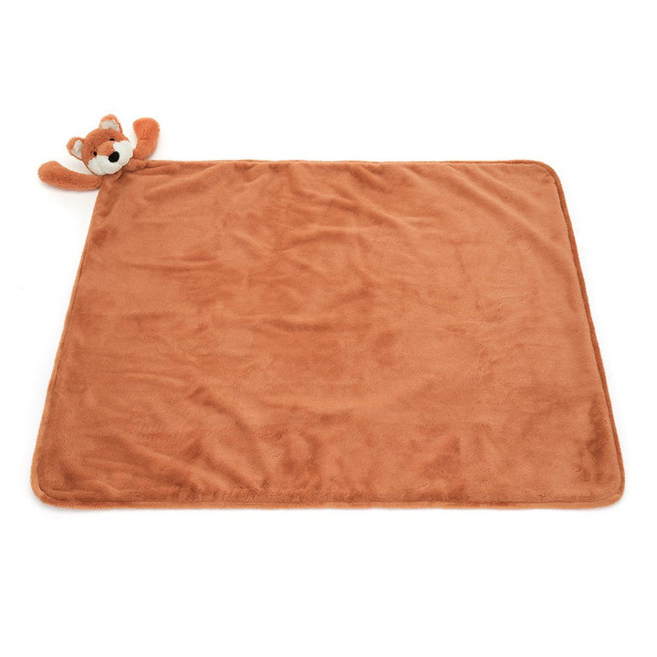 Jellycat Bashful Fox Cub Blankie plush toys and stuff animal - Brown plush blanket with a fox toy on a white background