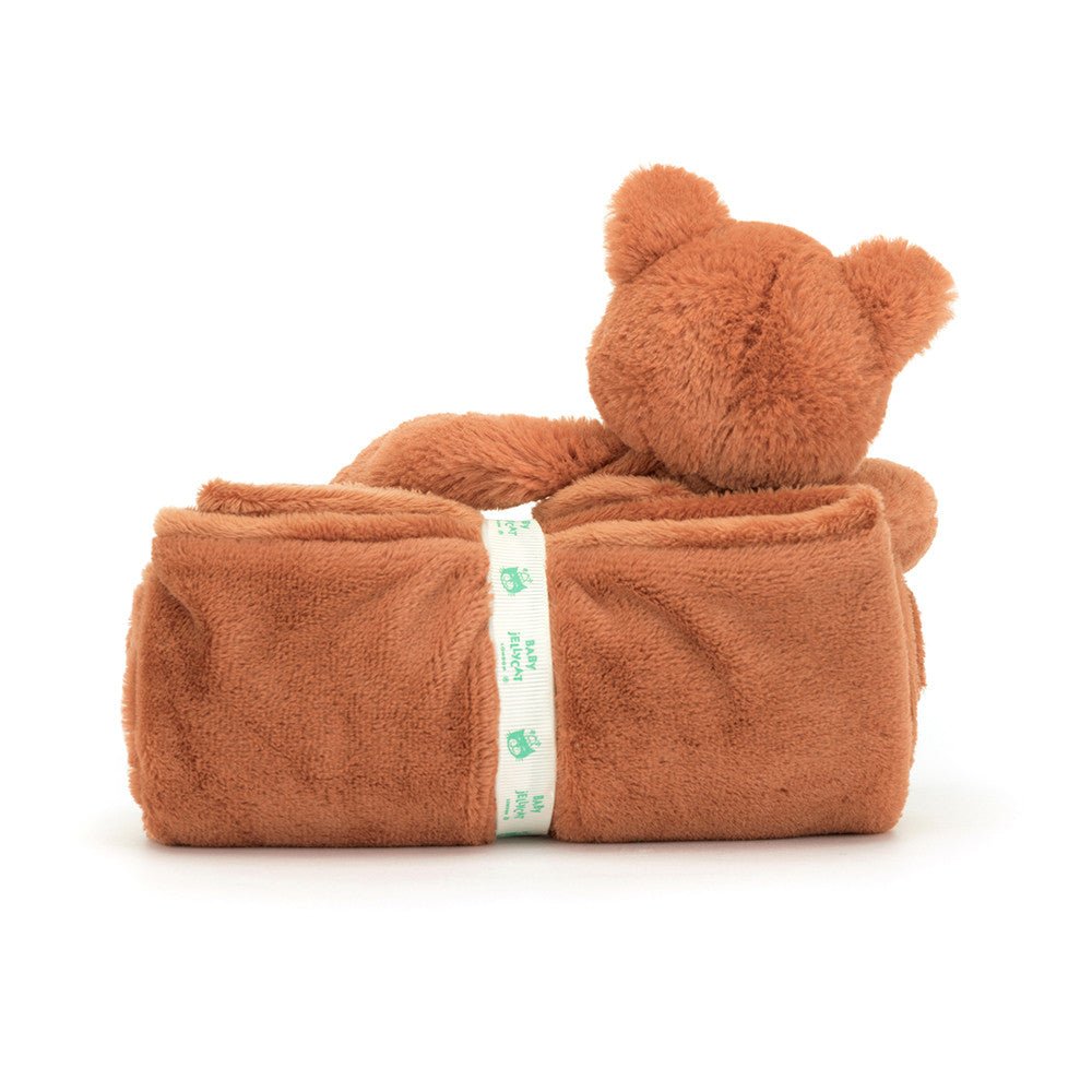 Jellycat Bashful Fox Cub Blankie plush toys and stuff animal - Brown teddy bear-shaped towel rolled up on a white background
